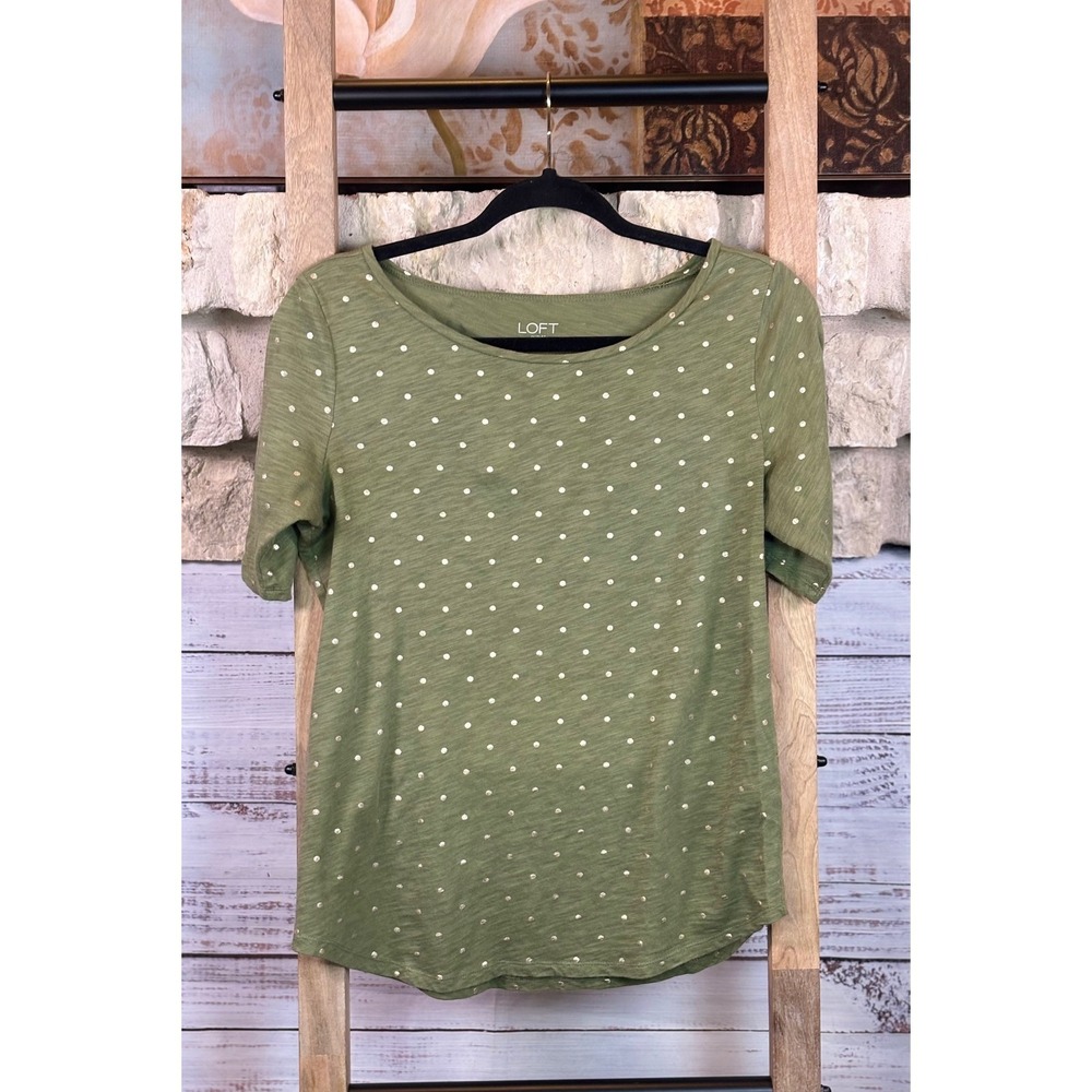 Loft Outlet Green Gold Polka Dot Cotton Slub Short Sleeve Top Small - Picture 2 of 6